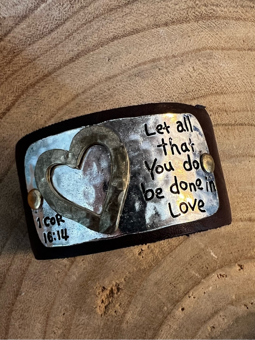 Handcrafted Brown Leather Cuff with Heart Metal Plate - Inspirational Home Art